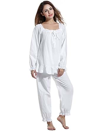 Avidlove Womens Cotton Pjs Victorian Vintage White Long