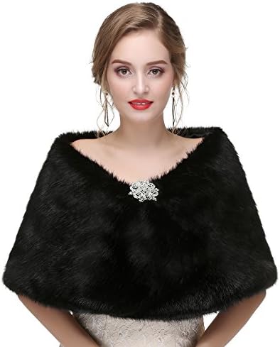 LMBRIDAL Women's Diamond Bridal Wraps Faux Fur Shawl Wedding Bolero Formal Black
