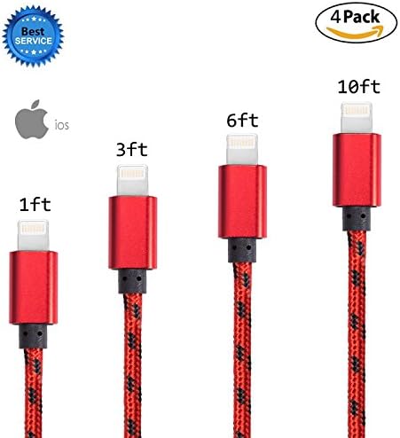 GOPROOF 4Pack for 1FT 3FT 6FT 10 FT Nylon Lightning Cable USB Syncing and Charging Cable Cord Charger for iPhone 7,7 Plus,6S,6 Plus,SE,5S,5,iPad,iPod Nano 7(each 1pcs) (red black)