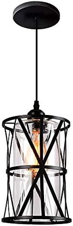Stepeak Ceiling Pendant Light Fitting with Metal Cage Glass lamp Shade, Industrial E27 Black Chandelier with Lamp Holder and Ceiling Rose for Kitchen Loft Living Room Bedroom