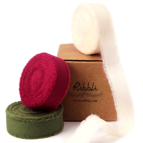 Ribbli 3 Rolls Christmas Ribbon 5/8 Inch x 18 Yards Ivory Burgundy Moss Handmade Cotton Frayed Fringe Ribbons for Gift Wrapping Wedding Invites Bridal Bouquets DIY Crafts Christmas Home Decor