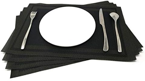 HomeBuzz PVC Placemats Place Mats Stain Resistant Anti-Skid Washable Table Mats 18 x 12 inches, Heat Resistant - Black Set of 4