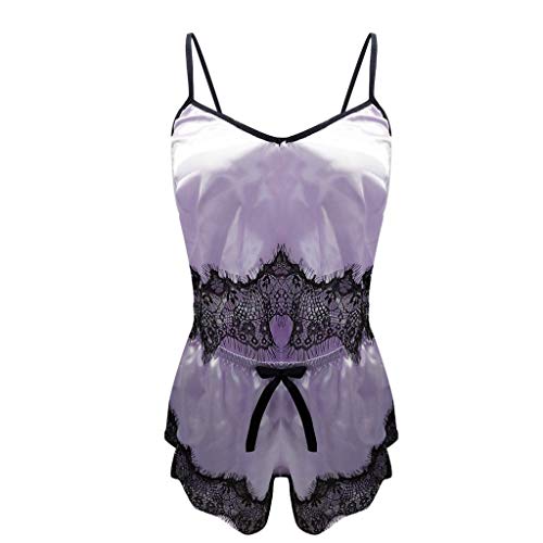 Dunacifa Women Lingerie Sexy Satin Sling Sleepwear Nightweat Lace Bowknot Nightdress Underwear Purple