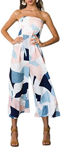 Noih Women's Summer Strapless Printed Tube Top Outfits Wide Leg Romper Jumpsuit, Medium, White