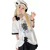 Y2k Kawaii Shirts for Women Cartoon Graphic Cute Cat Tees Off Shoulder Cutecore Shirts Harajuku Fashion Top