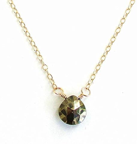 14K Gold Filled Pear Shaped Pyrite Tiny Drop Pendant Necklace (18 Inches)