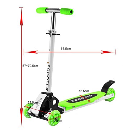 Fashine Kids 3 Wheel Foldable Kick Scooter, Height Adjustable / LED Flashing Wheel Kick Scooter for Children (3-12 Years Old) [US STOCK] (Green)