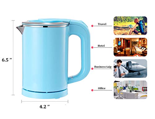 Portable Electric Kettle - 0.5L Mini Stainless Steel Travel Kettle - Water Touch Inner Surface without Plastic & Cool Touch Outer Surface (Blue)