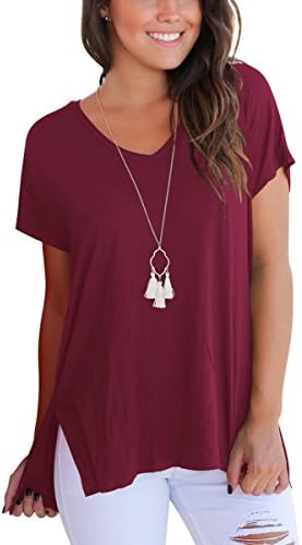 KUSMOO T Shirts For Women Short Sleeve Cotton Tees Loose Blouse Tops V Neck (Burgundy, Large)