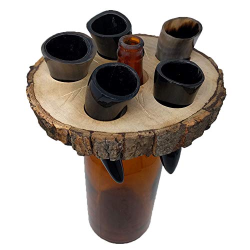 Alehorn Handcrafted Genuine Viking Wine/Mead Drinking Horn 50 ML Toasting Horn Shot Glasses Set of 5 w/Rustic Custom Wooden Holder Tray Rack Display Stand Decor