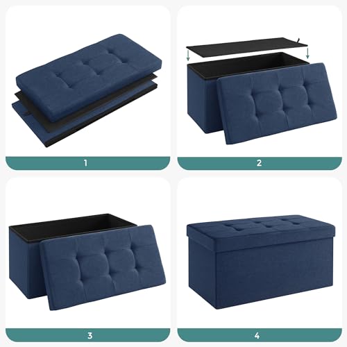 SONGMICS Banco de Almacenamiento, Puff Almacenaje de 76 cm, Baúl de Almacenaje, Taburete Reposapiés, Azul Oscuro MLSF47IN
