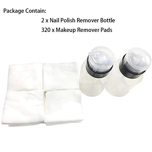 Nail Polish Remover Push Down Bottle Makeup Remover Bottle Empty Lockable Pump Dispenser 200ml (6.8oz) 2 Pack With 320 Pieces Makeup Remover Cotton Pads