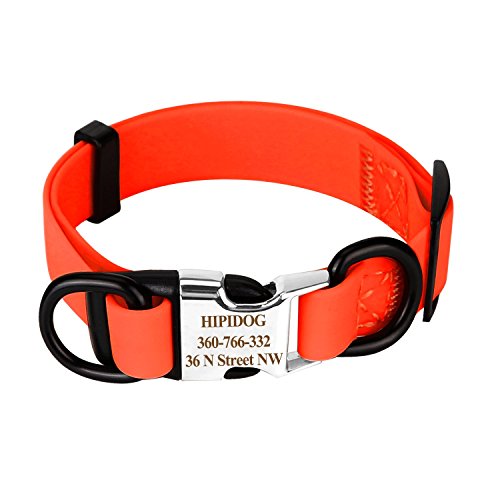 hipidog Personalized Dog Collar Waterproof with Laser Engraved Nameplate and ID Buckle, No Stink Collar, Odor and Rot Resistant Washable Dog Collar | Adjust from S/M/L Sizes (Orange-Buckle, M)
