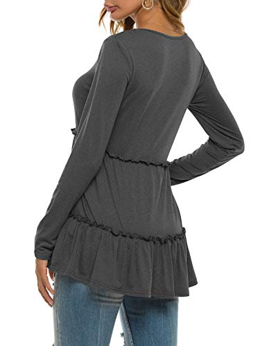Womens Ruffle Tunic Loose Long Sleeve T-Shirt Lightweight Fall Clothes Dark Grey S