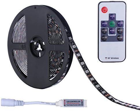 HeLe 16.4 ft 12V 5A Color Changing Waterproof 300 Leds RGB Flexible Strip Tape Lights Kit With 10Key RF Remote Controller and 12V 5A US Power Adapter