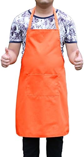 HEWIC Handmade Polyester Cotton Apron Long Ties 2 Packet Kitchen Cooking Bib For Women Men Home Restaurant Baking Gardening 27.1x31.5" Orange