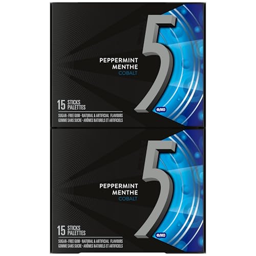 5 GUM, Peppermint-Cobalt Flavoured Sugar Free Chewing Gum, 15 Sticks, 10 Packs