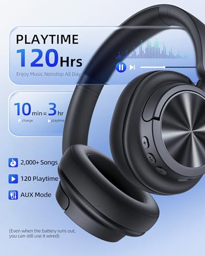 Hybrid Active Noise Cancelling Headphones 120H Playtime Wireless Headphones Bluetooth 6.0 Over Ear Headphones with 6 ENC HD Call Mic, Hi-Res 360° Spatial Audio ANC Headphone for Travel Workout Black