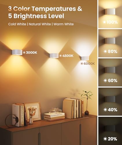 FULEN Pack of 2 Battery Wall Light with Motion Sensor, LED Indoor Wall Light, 3 Colours, 3 Modes, Up and Down Wireless Battery Wall Light with Remote Control for Bedroom, Living Room, Stairs (White)