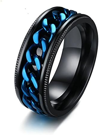 Dinobaby 8mm Wide Mens Stainless Steel Spinner Blue Chain Ring Wedding Band,size 7