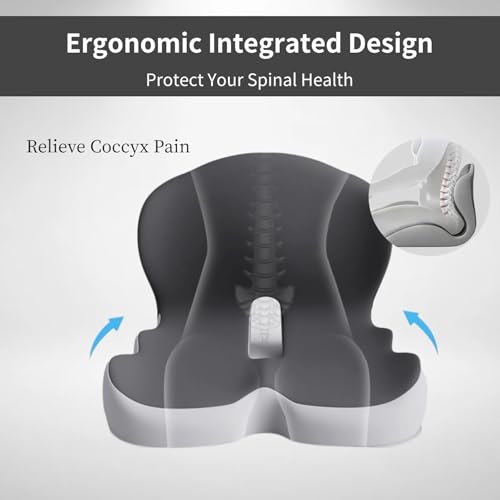 Orthopedic Cushion, L-Shaped Ergonomic Design Seat Cushion, Non Slip Memory Foam Car Cushion with Back Support for Tailbone & Hips Pain Relief, Suitable for Office, Car, Home, Long Sitting