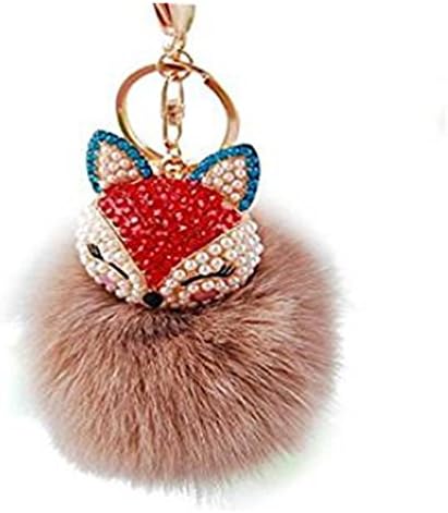 SBParts Coffee Fox Fur Pom Pom Keychain, Super Cute Fur Ball Key Ring with Fox Rhienstones Inlay Rabbit Fur Fox Keychain