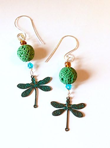 Aqua Lava Rock and Swarovski Crystal Dragonfly Sterling Silver Dangle Earrings