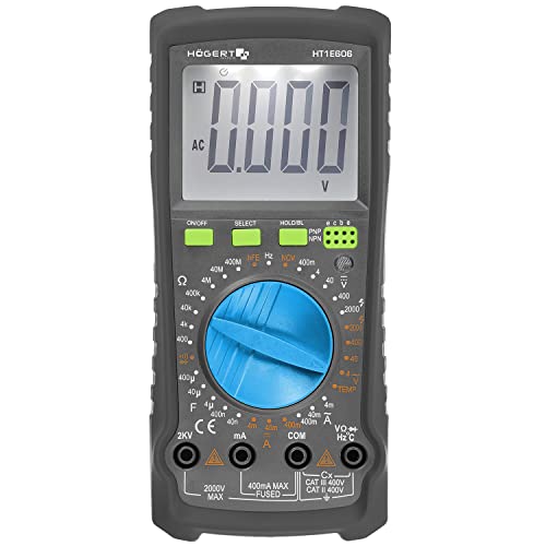 Hoegert Technik - Digital multimeter up to 2000 V / 400 mA I NCV I thermocouple I LCD screen I rubber coating I ergonomic and compact I includes measuring cable I HT1E606