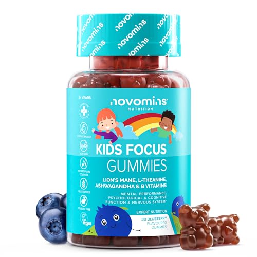 Kids Focus Gummies – Nootropic High Strength Brain Supplement for Children – 9 Focus, Energy, Positive Mood Vitamins– Lions Mane, Ginseng, B12, Iodine – Vegan - by Novomins