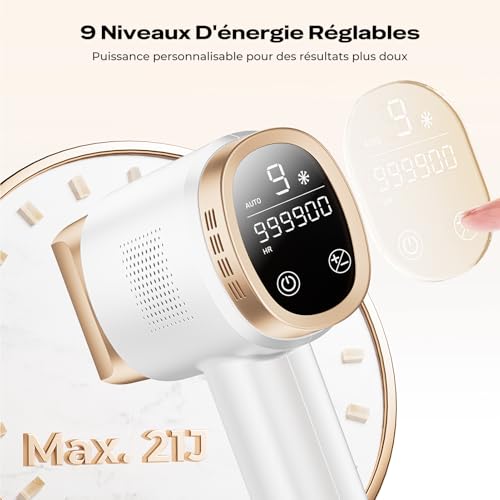 21J Pulsed Light Epilator with 8°C Cooling System, 9 Levels and 600nm Red Light, LCD Touch Screen, Laser Hair Removal for Face, Arms, Jersey, Women and Men, White