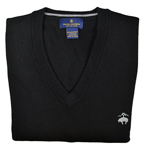 Brooks Brothers Men's Extra Fine Merino Wool Ribbed V-neck Sweater Black Medium