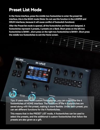 M-VAVE MK-300 Modelador de Amp e Efeitos para Guitarra/Baixo com Looper, Drum Machine, Bluetooth, 11 Módulos, 160 Presets, Pedal de Expressão, USB-C, Ideal para Estúdio e Palco