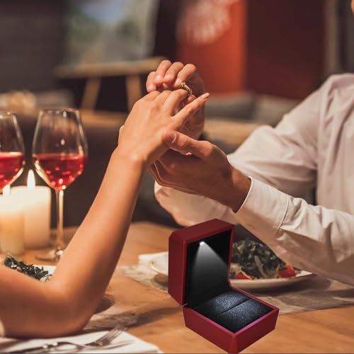 Colexy Ring Box with LED Light, Velvet Box, Jewellery Box for Rings, Rings LED Jewellery Storage Boxes, for Proposal Engagement, Weddings and Valentines, 5.8 x 6.3 x 5 cm, Red-A
