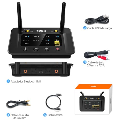 1Mii B03Pro Receptor Bluetooth HiFi, Transmisor Bluetooth 5.3 TV Adaptador Audio con Audiophile ESS DAC & aptX HD / Baja Latencia, Largo Alcance, Salida Entrada Óptica RCA AUX 3.5mm para Estéreo