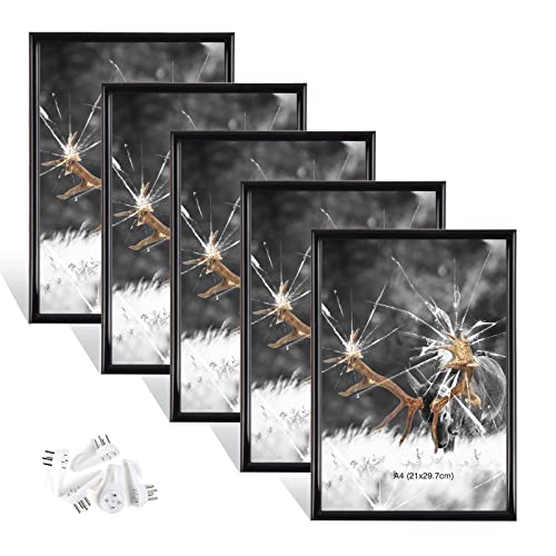 Dmyifan Set of 5 Picture Frames DIN A4 Black with Plexiglas, Frame for Standing and Hanging for Photos, Portraits, Picture Frame