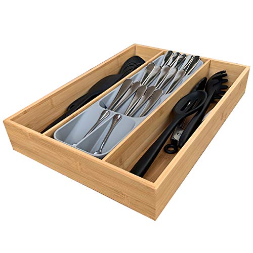 Simhoo Bamboo Kitchen Silverware Drawer Organizer/Utensil and Cutlery Tray/Flatware Divider Oranization with Plastic Storage