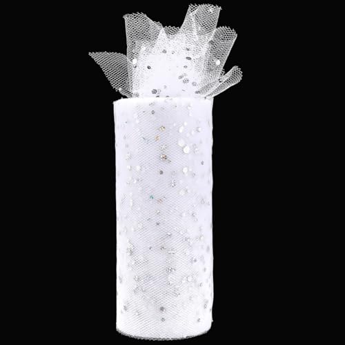 CABODYALS 22.86M 150mm White Glitter Tulle Roll with Silver Sequins Wide Netting Fabric Ribbon Trim Sparkly Mesh Ribbons for Sewing Making Wedding Wreaths Bows Home Decor Gift Wrapping Diy Crafts