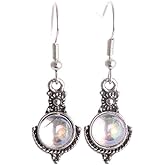 DIAMANTIO 18K Gold Plated Vintage Bohemian Drop Earrings with Iridescent Opal Glass – Antique Silver Tone Statement Dangle Earrings for Women