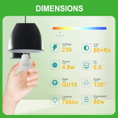 GY GU10 LED Bulb 4.9W 780lm Warm White 3000K Energy Saving LED Bulb,The New UK Energy Efficiency Class B Replaces 80W, 110°Beam Angle Non-Dimmable, 10 Pack