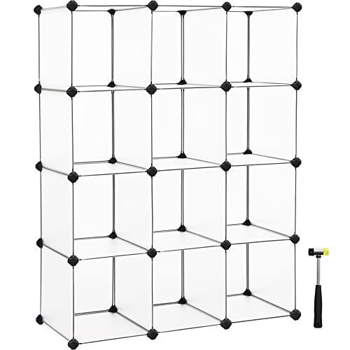 SONGMICS - Storage Furniture with 12 Compartments - Bookcase, Shelf, Interlocking Plastic Cubes - Easy Assembly -For Living Room, Bedroom, Closet, Office - With Rubber Mallet - White - LPC34L
