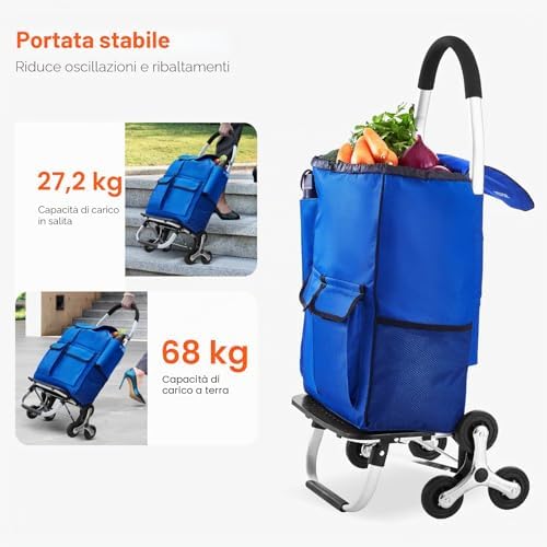 Carrello Saliscale, Carrello Spesa Pieghevole 36L, Carrello Lavanderia, Carrello Saliscale con 6 Ruote e Borsa in Tessuto Oxford, Carrello Pieghevole per Lavanderia, Arrampicata Capacità 68 kg