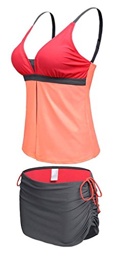 Women's Summer V-Neck Tankini Two-Piece Skirtini Swimsuits Swimwear Bikini Set Pink Orange Coral XL