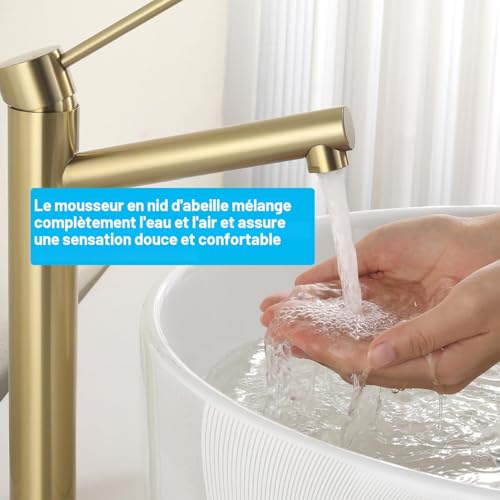Tondiy High Gold Basin Faucet, Countertop Basin Mixer, Adjustable Hot and Cold Bathroom Taps, Stainless Steel, Removable Aerator, Gold