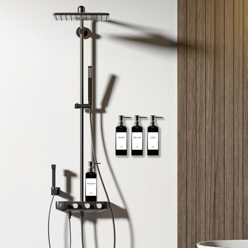 4 x Wall Mounted Shower Soap Dispenser, Bathroom Soap Dispenser Without Drilling 500 ml Brown Shower Dispenser Shampoo and Body Wash with Funnel and Three-Dimensional Labels for Bathroom, Kitchen