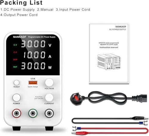 Bench adjustable power supply (30V/10A), DC switching power supply, encoder regulated laboratory power supply with USB fast charging interface.