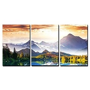 3 Piece Canvas Wall Art - Fantastic Sunny Day is in Mountain Lake. Creative Collage. Beauty World. - Modern Home Art Stretched and Framed Ready to Hang - 16"x24"x3 Panels