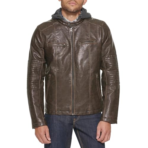 Levi's Men's Faux Leather Hooded Racer Jacket, Deep Brown, Small