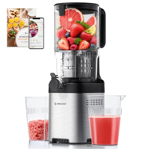 AMZCHEF Entsafter - Slow Juicer mit 135 mm großem Einfüllschacht für ganzes Obst und Gemüse - Leicht zu Reinigen mit 2 Gläsern - Silber