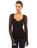 PattyBoutik Women's Sweetheart Floral Lace Long Sleeve Blouse (Black XL)