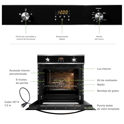 AVERA Horno empotrable de Gas LP con asistencia por conveccion, Capacidad de 58 L, 5 Modos de cocción, Temporizador digital 24 hrs, Contro por perillas, Temperatura 130 a 250°C | HE01LP